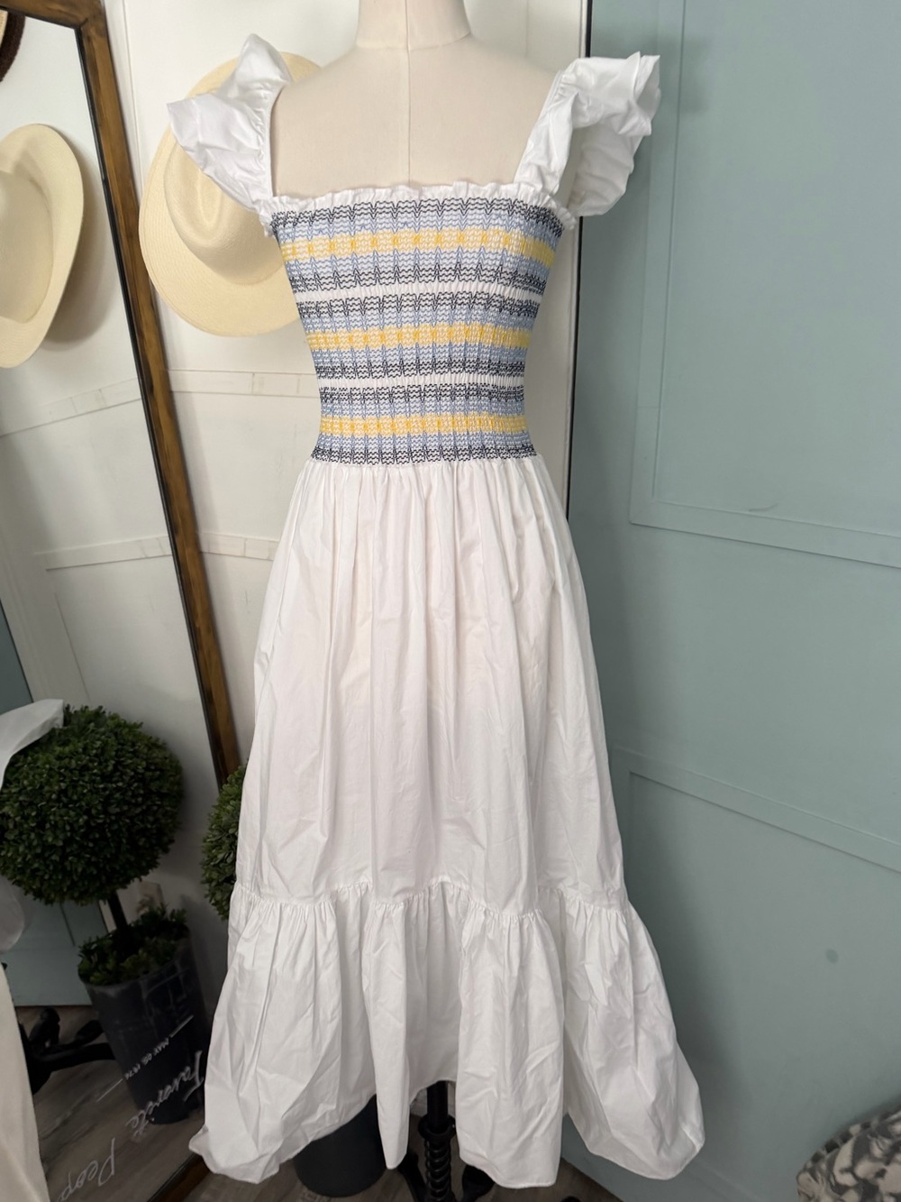 Cara Cara Ruby White Cotton Smocked Poplin Ruffle Midi Dress Size XS NWT - Picture 9 of 10